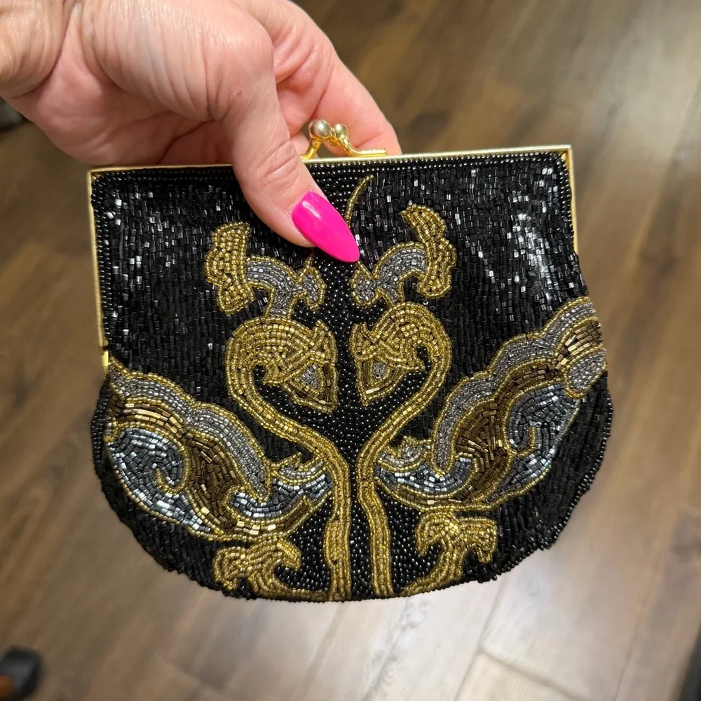 Lauren Alexandra Beaded Black and Gold Evening Bag kiss lock vintage swans - Picture 7 of 8